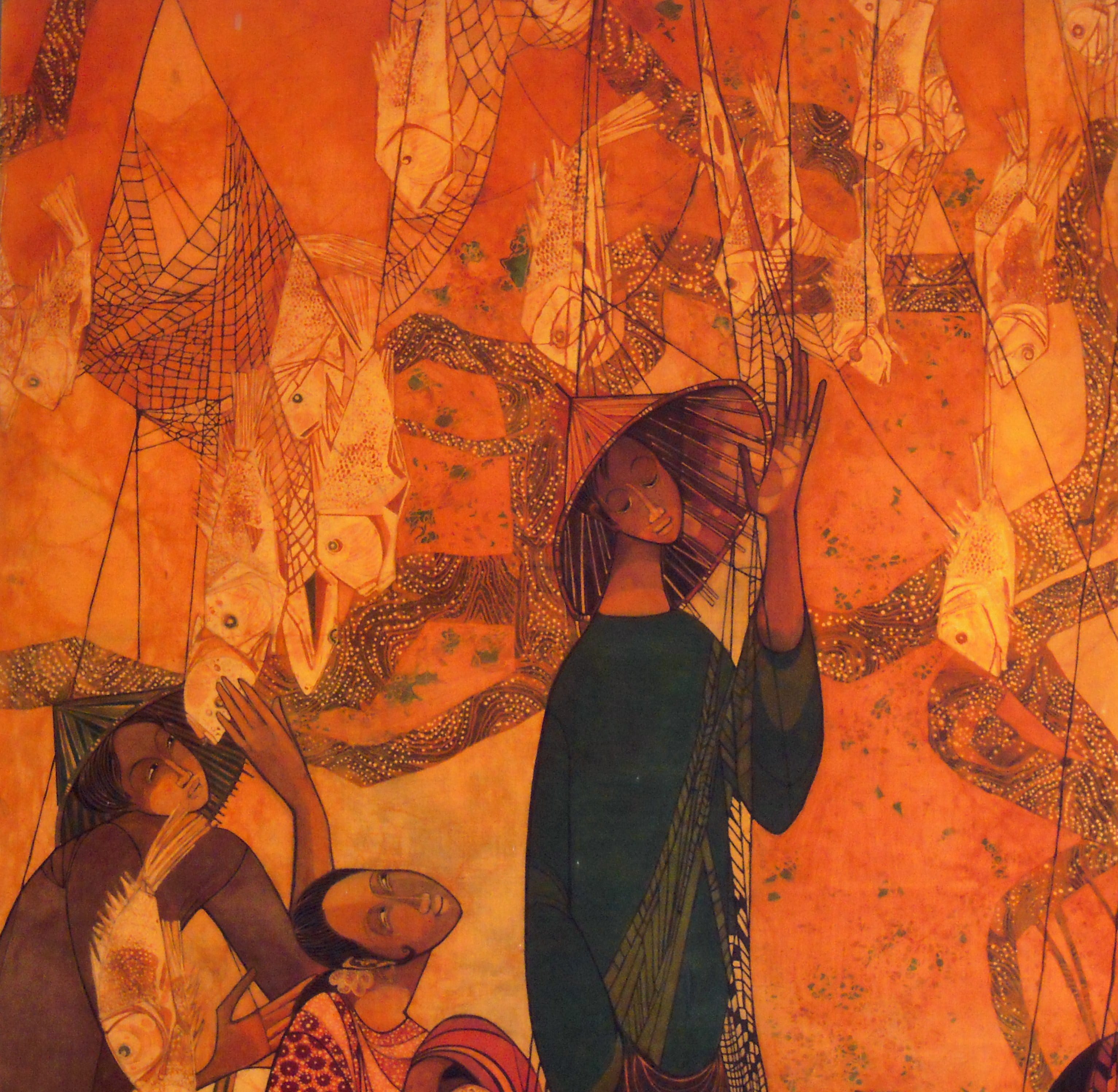 Detail from the third panel. Seah Kim Joo, Malayan Life. 1968. Batik on cloth. Collection of LASALLE College of the Arts.